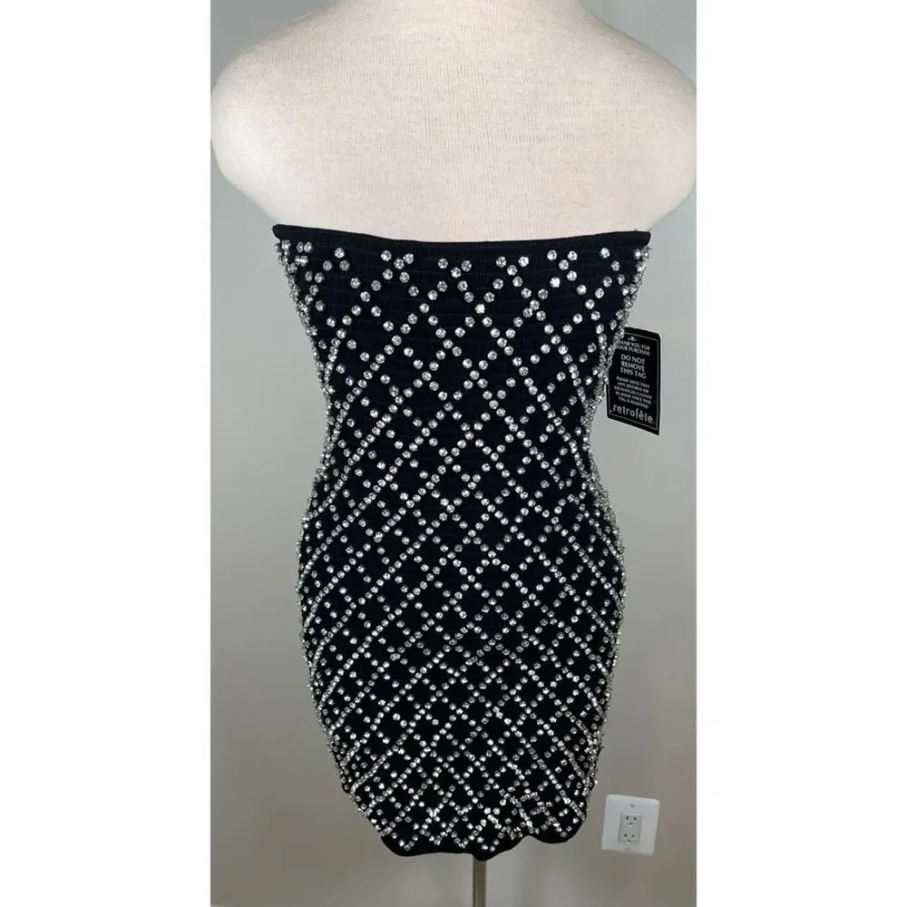 Retrofete Felicity Strapless Grid Crystal Embellished Black Mini Dress Sz M - Picture 5 of 11
